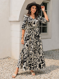 Smocked Printed Tie Neck Long Sleeve Dress