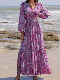 Printed Tie Neck Balloon Sleeve Maxi Dress