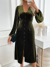 Perfee Slit V-Neck Long Sleeve Midi Dress