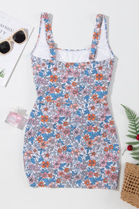 Drawstring Printed Wide Strap Swim Dress