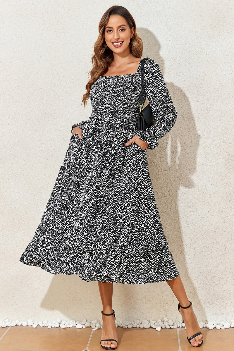 Printed Square Neck Long Sleeve Midi Dress