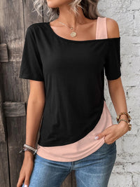 Contrast Asymmetrical Neck Short Sleeve T-Shirt