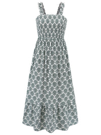 Smocked Printed Square Neck Sleeveless Dress