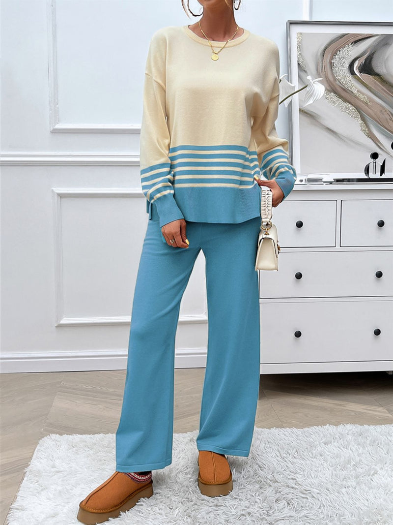 Devine Slit Striped Round Neck Top and Pants Sweater Set