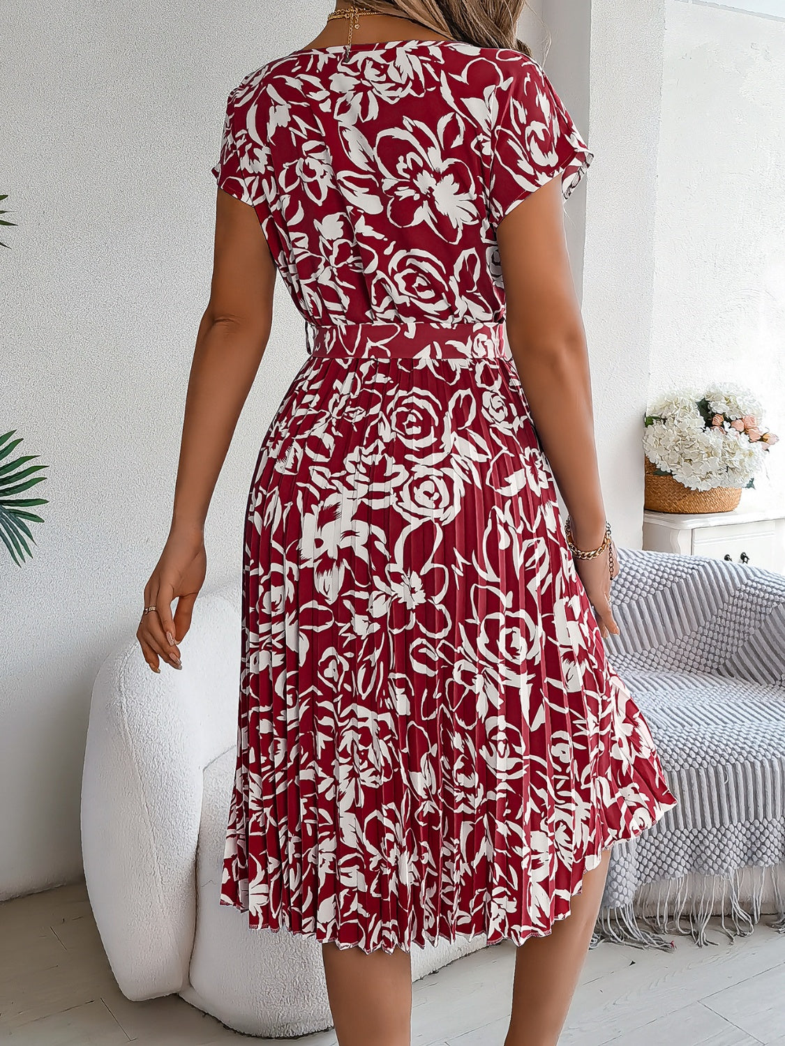 Tied Pleated Printed Short Sleeve Dress