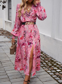 Split Printed Surplice Long Sleeve Midi Dress