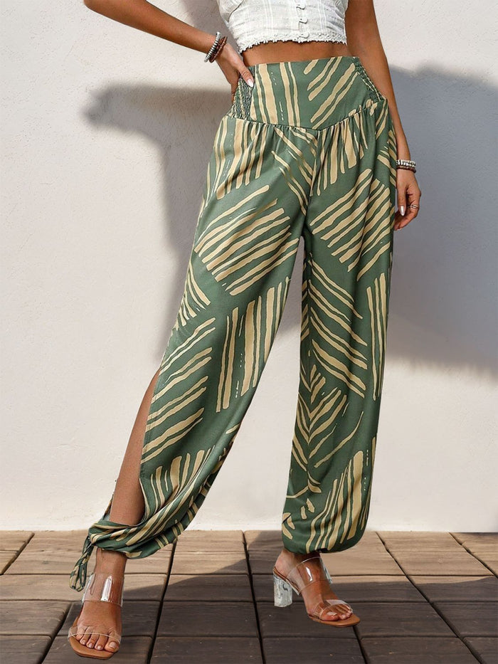 Smocked Slit Printed High Waist Pants