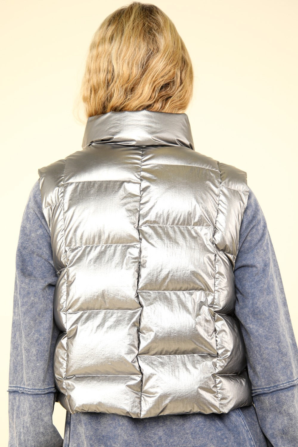 VERY J Shiny Metallic Zip Up Puffer Vest