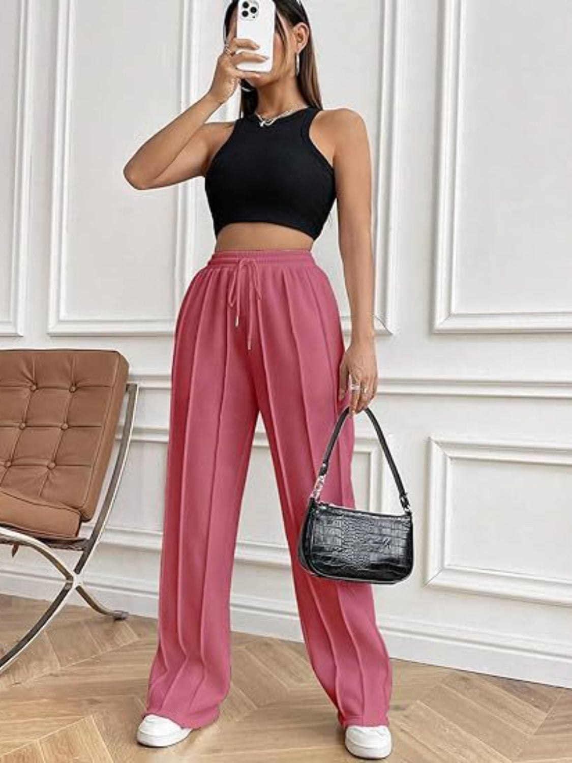 Drawstring Wide Leg Pants with Pockets