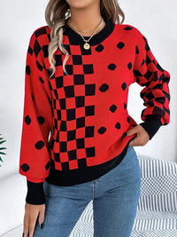 Plaid Round Neck Long Sleeve Sweater