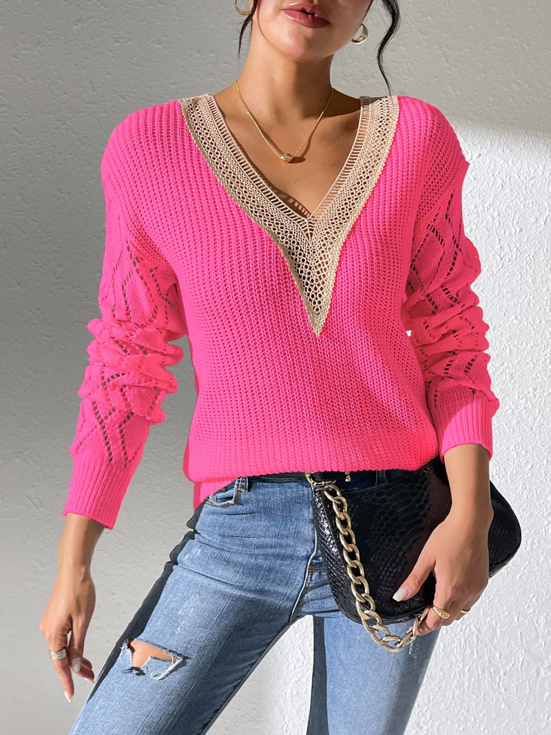 Openwork V-Neck Long Sleeve Sweater