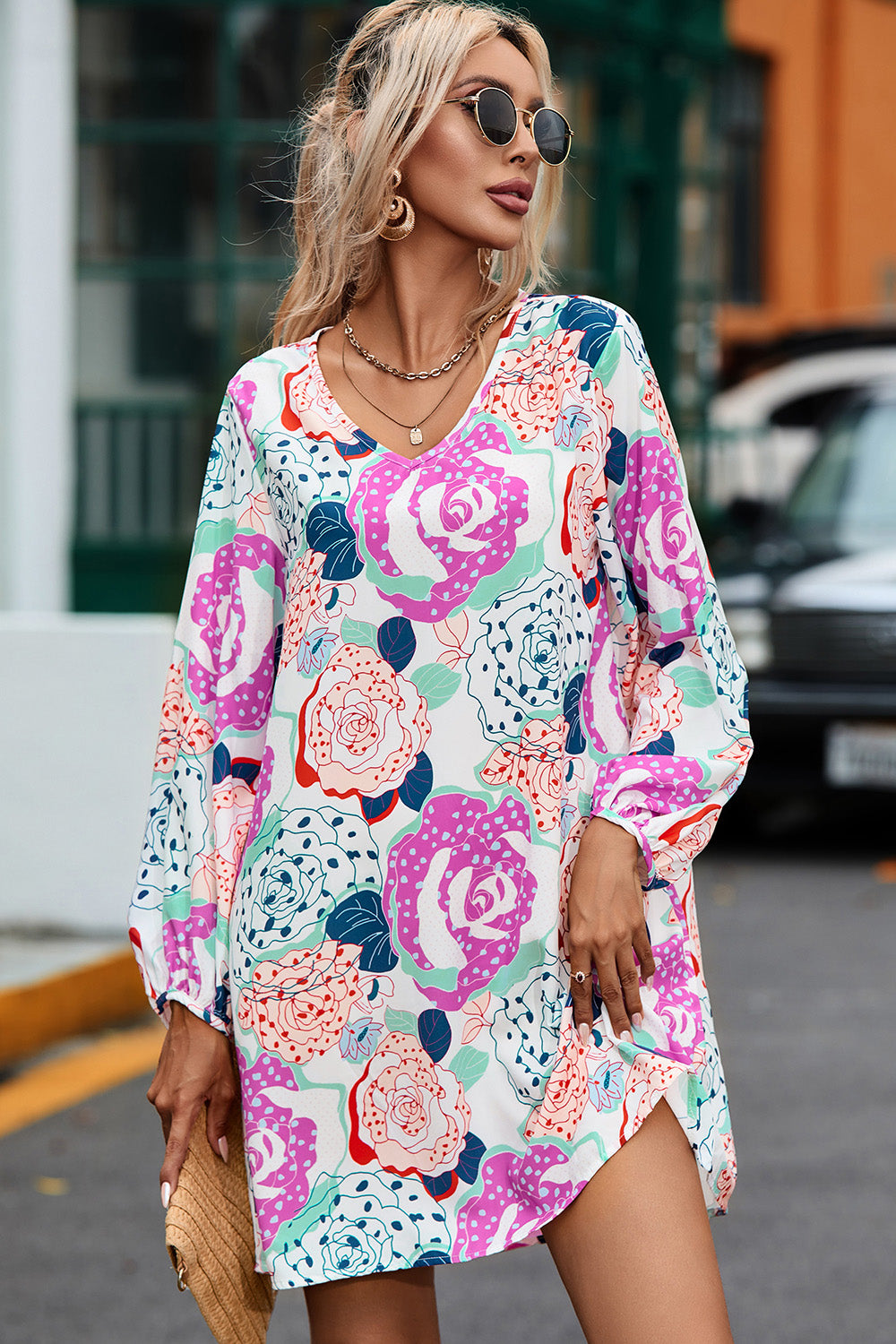 Floral V-Neck Long Sleeve Dress