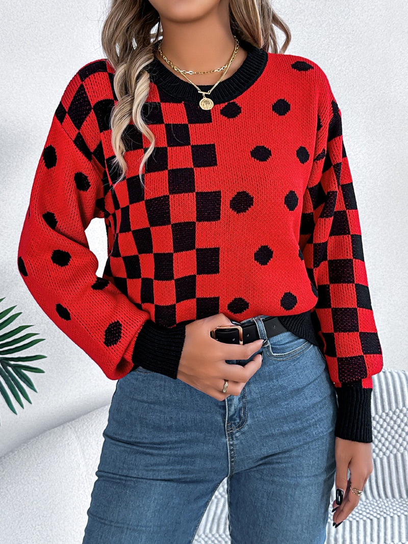 Plaid Round Neck Long Sleeve Sweater