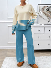 Devine Slit Striped Round Neck Top and Pants Sweater Set