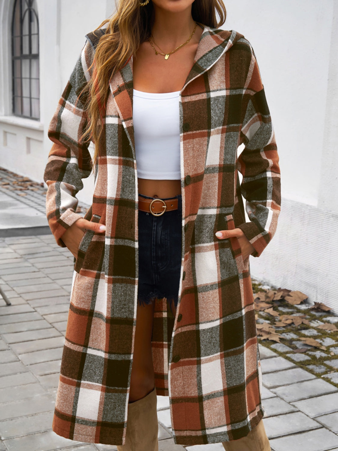 Plaid Long Sleeve Hooded Coat