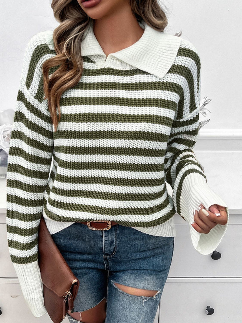 Striped Collared Neck Long Sleeve Sweater