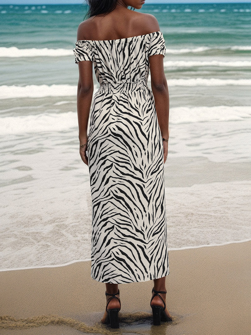 Perfee Slit Animal Print Off-Shoulder Midi Dress