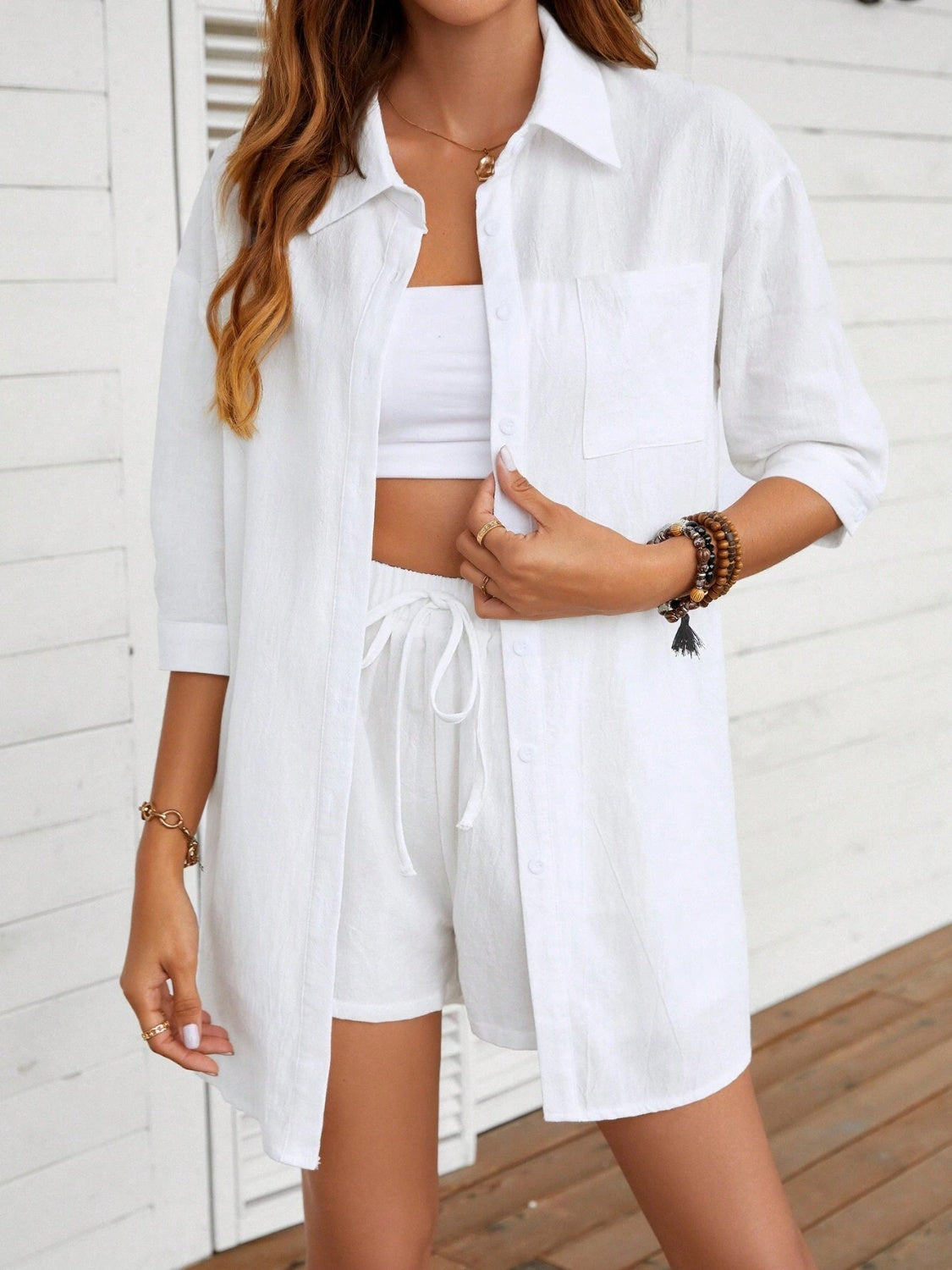 Dropped Shoulder Button Up Shirt and Shorts Set