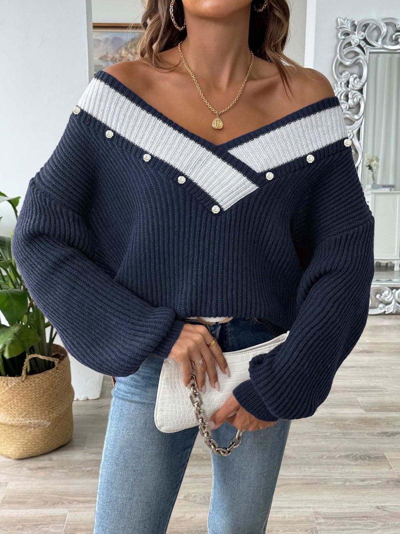 Contrast Trim Dropped Shoulder Long Sleeve Sweater