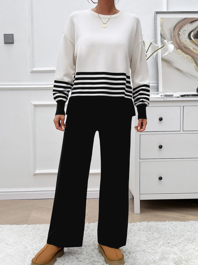 Devine Slit Striped Round Neck Top and Pants Sweater Set