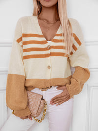 Color Block V-Neck Button Down Long Sleeve Cardigan