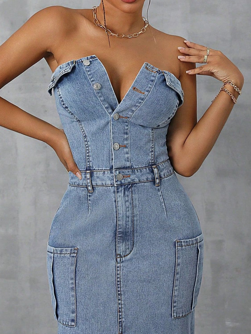 Slit Half Button Tube Denim Dress