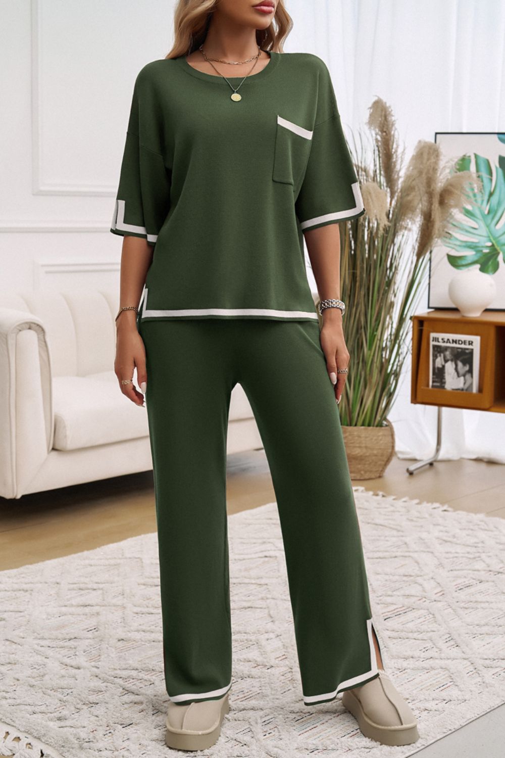 Contrast Trim Half Sleeve Top and Pants Set