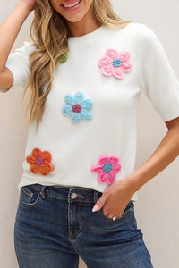 Flower Round Neck Short Sleeve Sweater