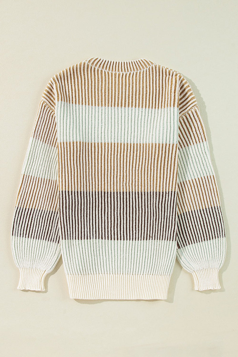 Striped Color Block Round Neck Long Sleeve Sweater