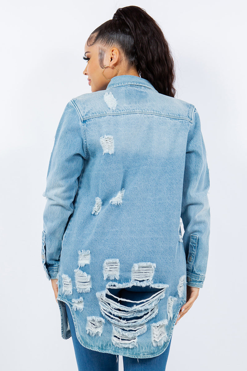 American Bazi Distressed Button Up Long Sleeve Denim Jacket