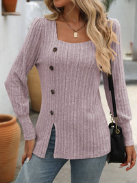 Decorative Button Striped Square Neck Long Sleeve T-Shirt