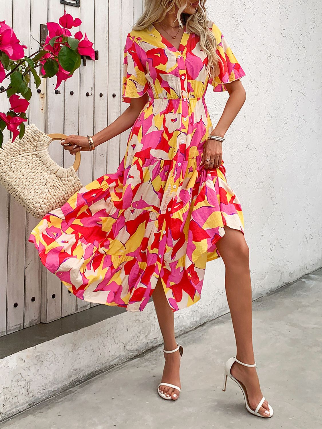 Printed V-Neck Flutter Sleeve Midi Dress